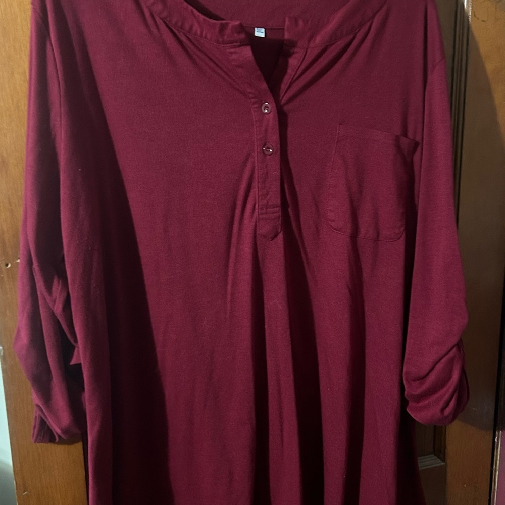 Women's Burgundy Henley Tunic with Chest Pocket
